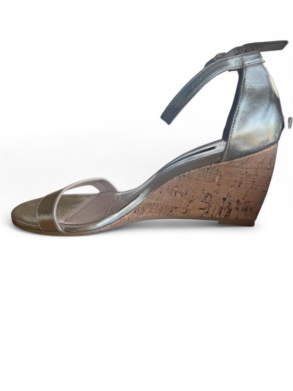 Stuart Weitzman Metallic Platino Gold Dancer 75 Cork Wedge Sandals 3” Size 7